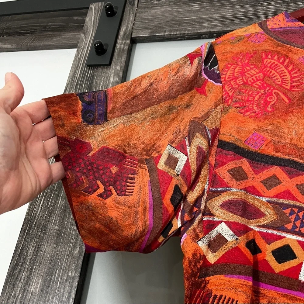 Vintage Karen Kane Multicolor Abstract Top Wearable Art Orange & Brown Statement - Picture 3 of 7